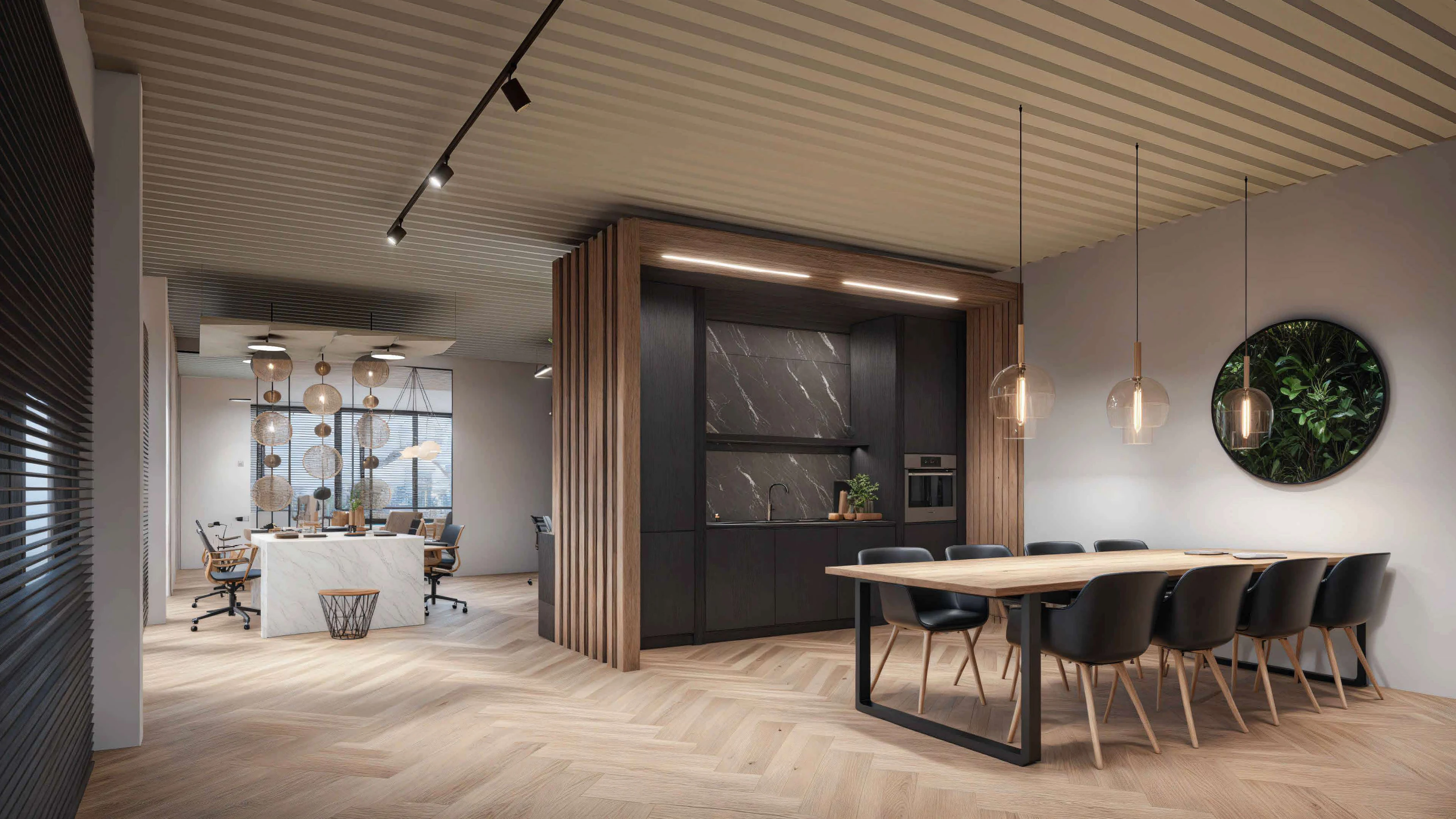 Verdieping met vergadertafel en pantry