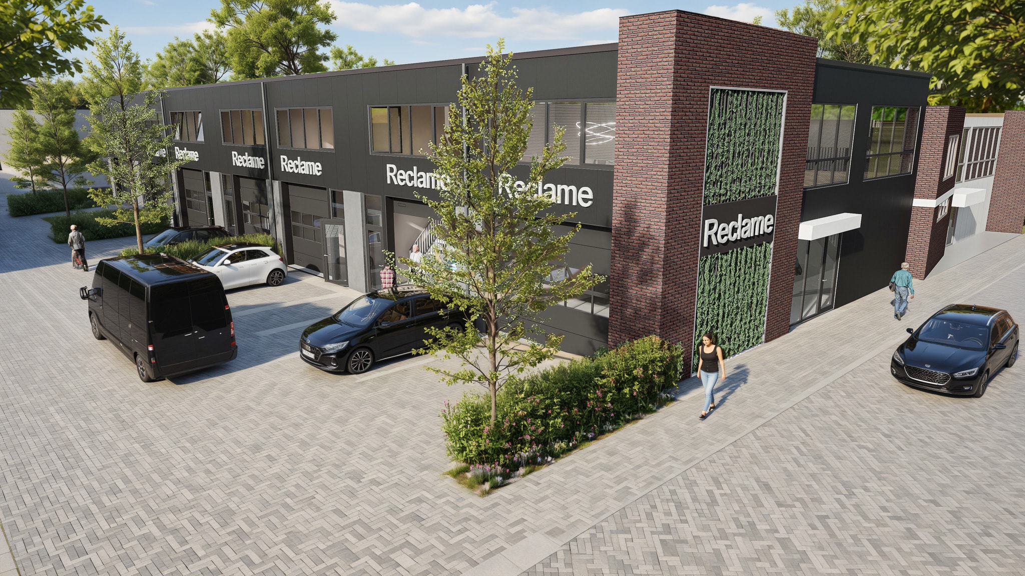 Het bouwblok van boven, met de eigen parkeerplaatsen per unit